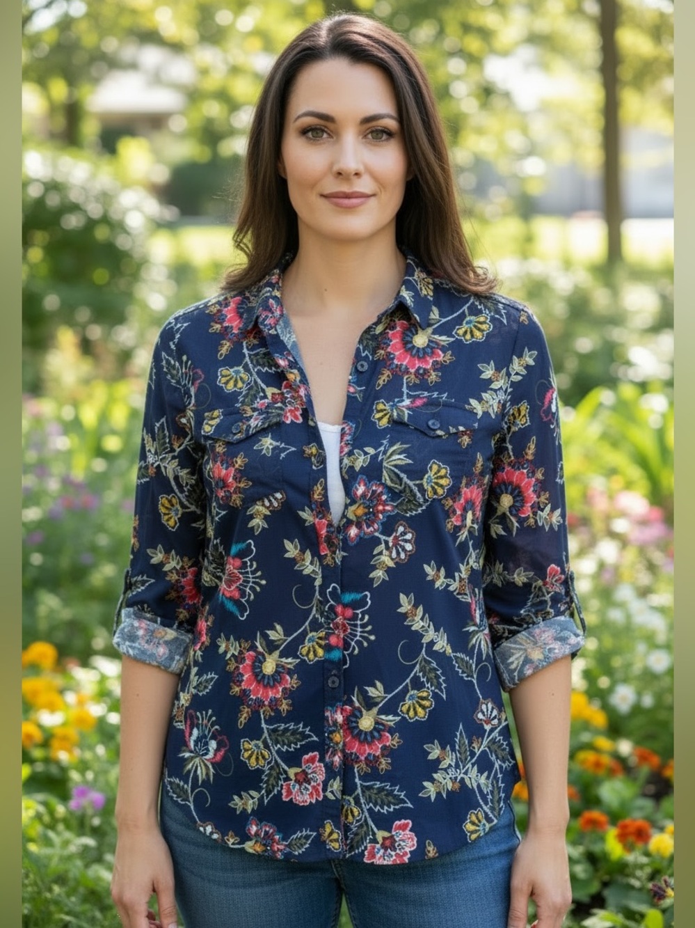 DNA couture Mesh Navy Floral Button-Front Top with Red and Yellow Accents
